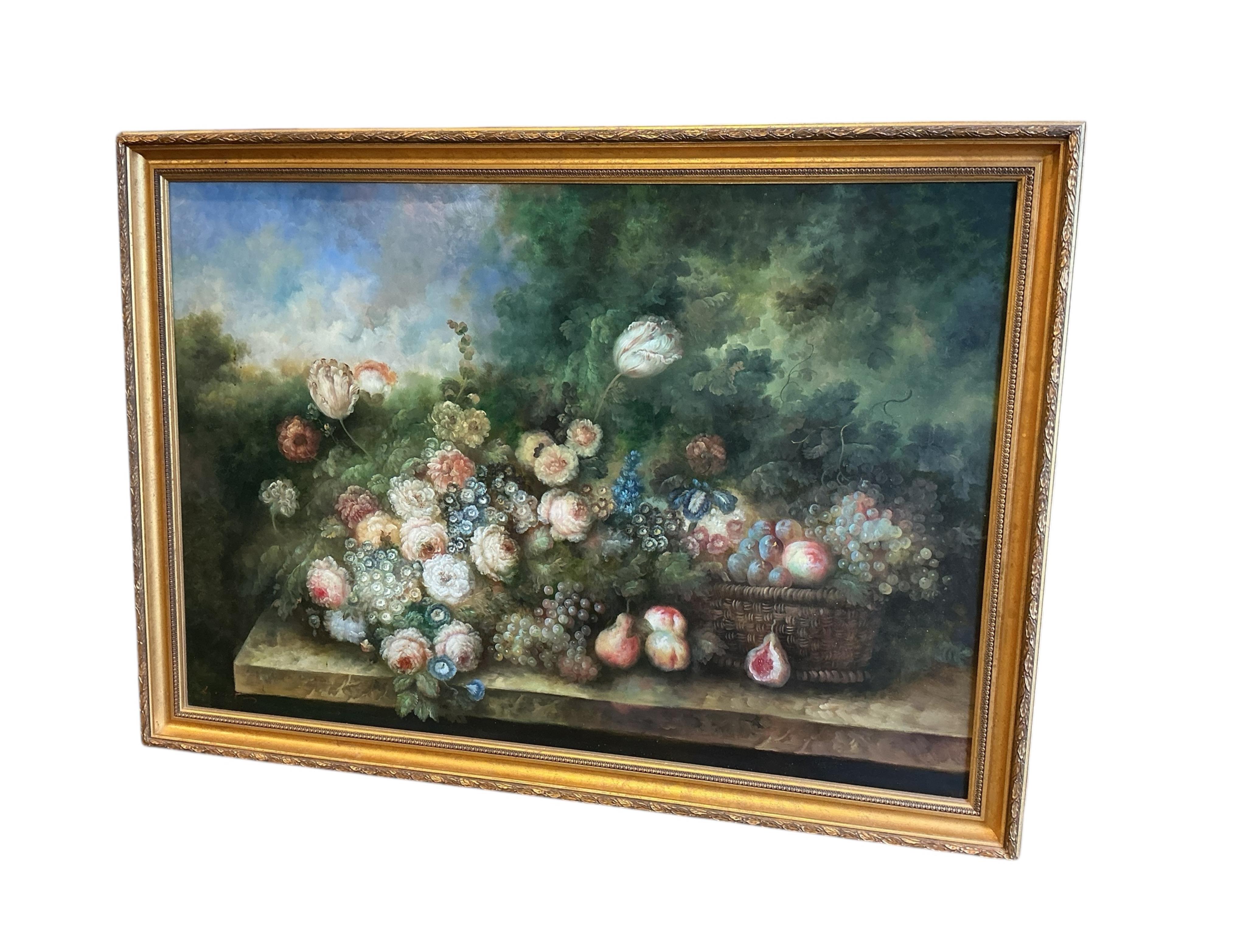 A large Dutch style still life of roses, peony and fruit, oil on canvas, 196 x 142cm including frame